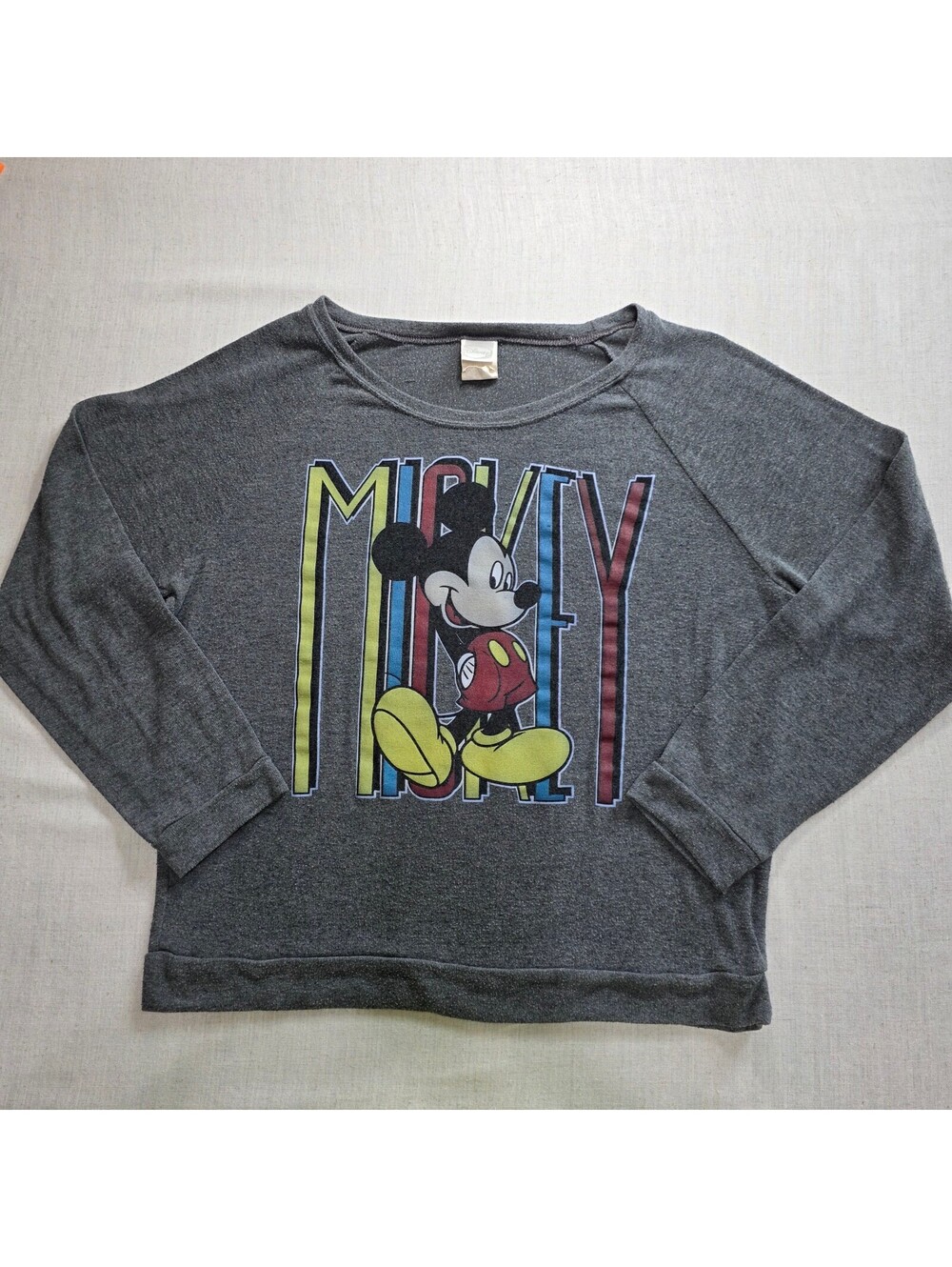 Disney Mickey Mouse Retro Distressed Graphic Gray Raglan Long Sleeve Shirt XL